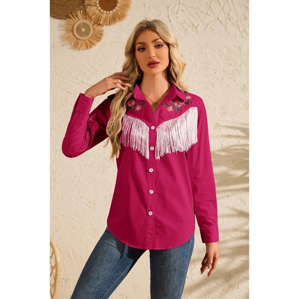 Women's Rose Red Fringe Long Sleeve Floral Embroidered Collared Rodeo Shirts - Picture 4 of 6